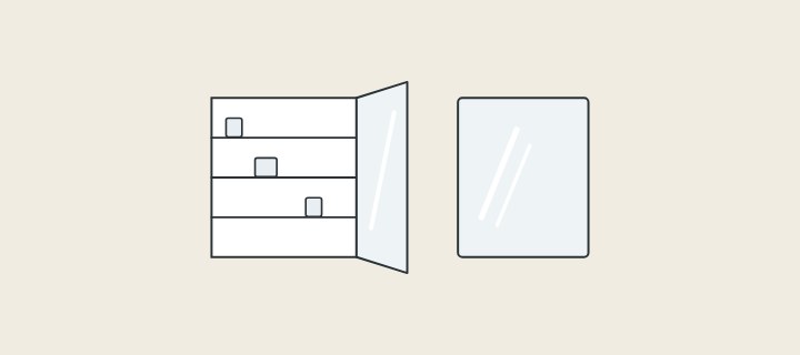 Illustration: a mirror cabinet with its mirrored door open on three shelves, beside a flat wall mirror