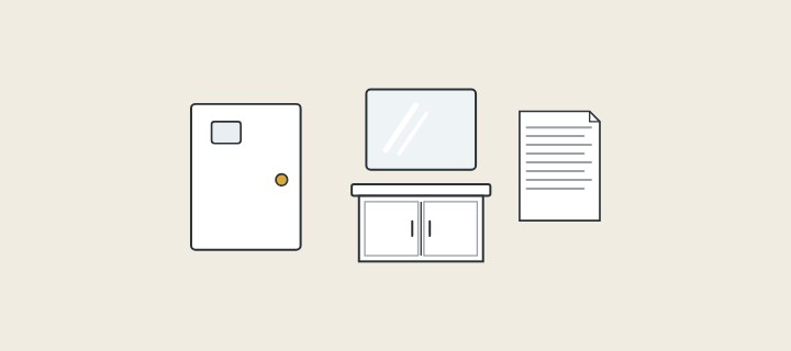Illustration: a room door with a key-card reader, a mirror above a vanity, and a specification document
