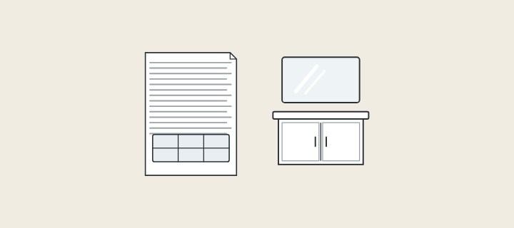 Illustration: a specification sheet with a small table beside a mirror above a vanity