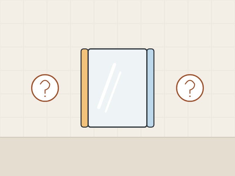 Illustration of a mirror with a warm strip and a cool strip between two question marks