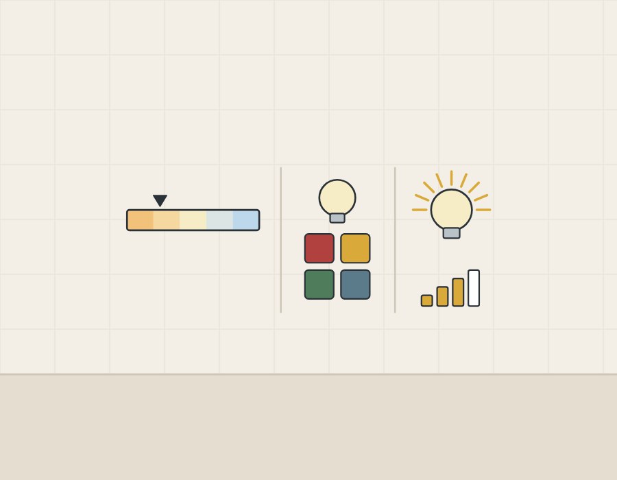Illustration of a warm-to-cool bar, a lamp above four color swatches and a lamp above rising output bars