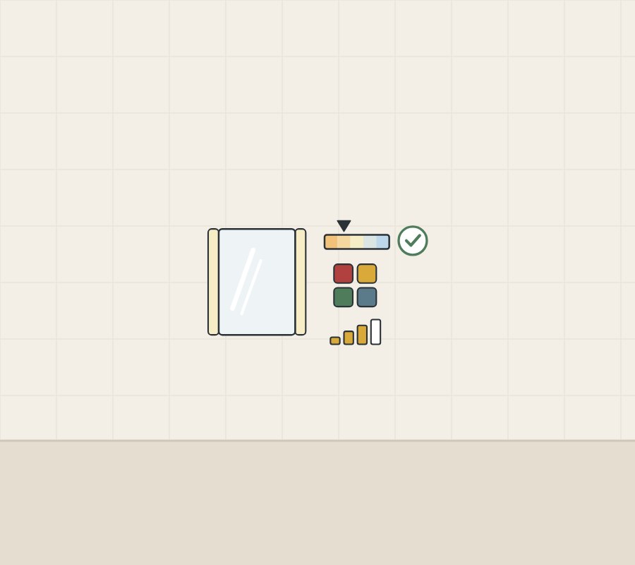 Illustration of a lighted mirror beside a warm-to-cool bar, color swatches and output bars, with a tick
