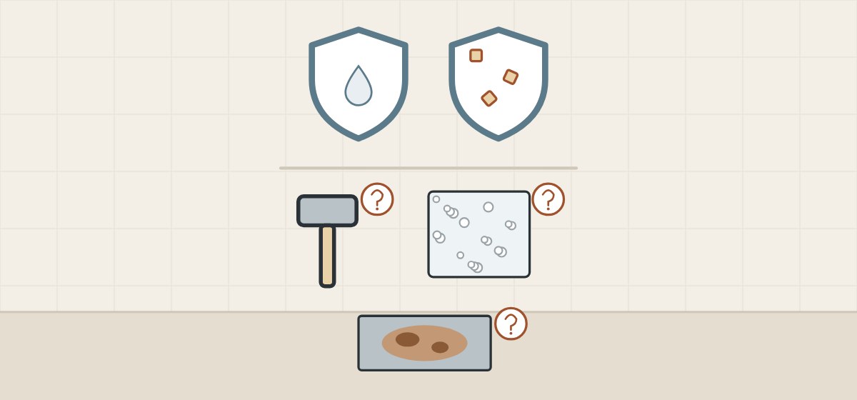 Illustration of two shields for water and solids above a hammer, a pane with condensation beads and a corroded metal part with question marks