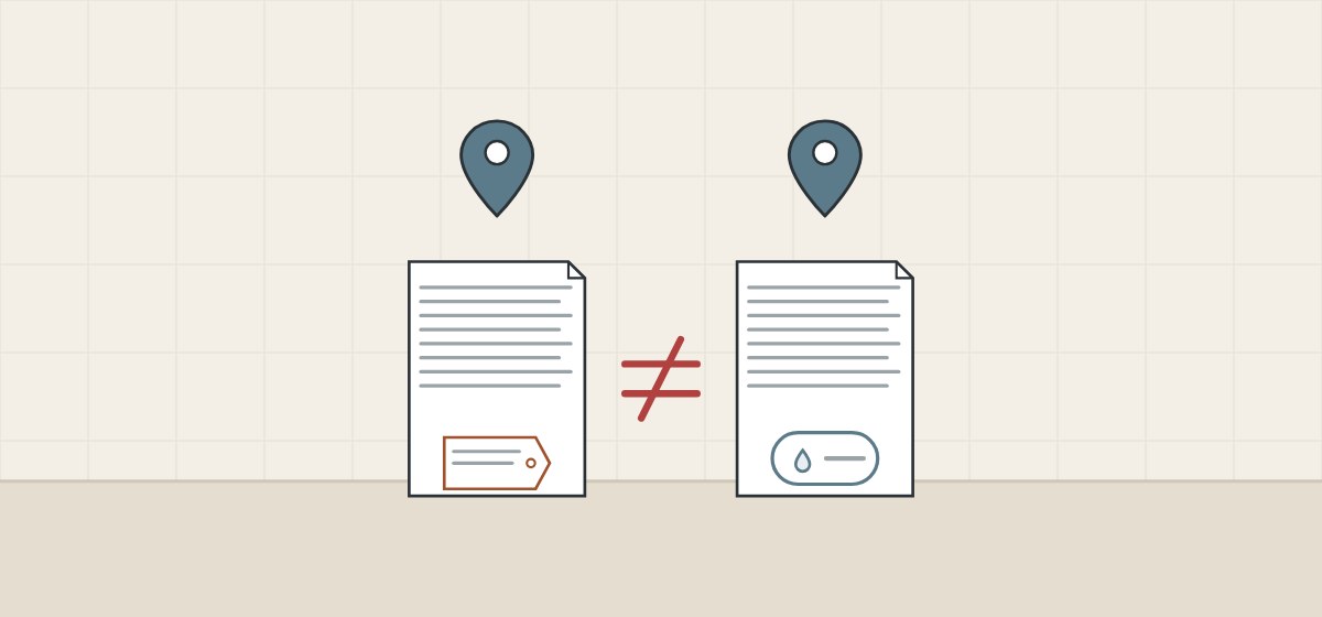 Illustration of two documents with different labels under separate location pins and a not-equal sign between them