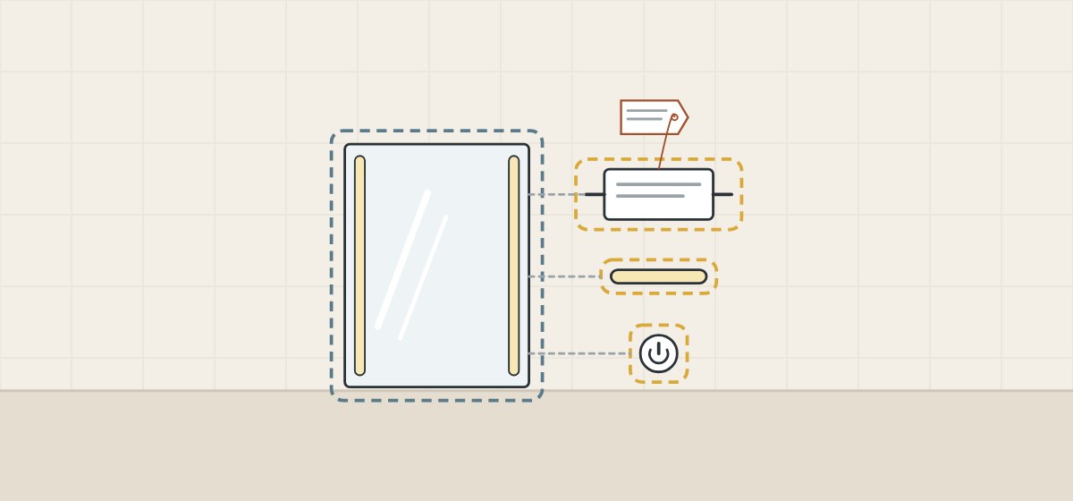 Illustration of a whole lighted mirror outlined beside a driver box, a light strip and a switch outlined separately, with a tag on the driver box
