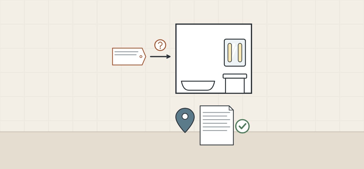 Illustration of a rating tag and question mark pointing at a bathroom plan, with a location pin and code document carrying the tick