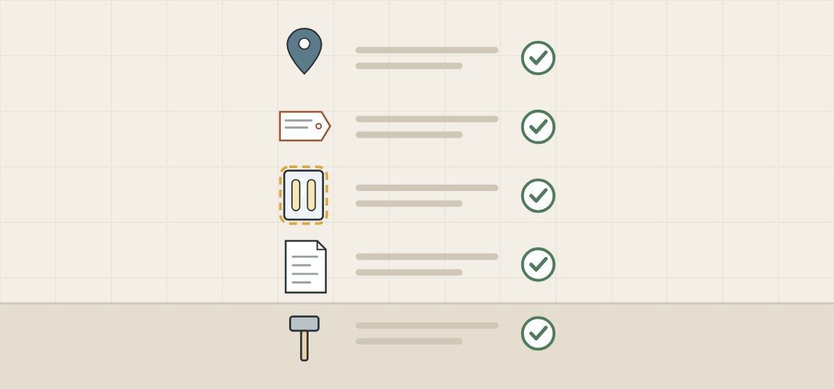 Illustration of a ticked checklist with a location pin, a code tag, an outlined mirror, a document and a hammer