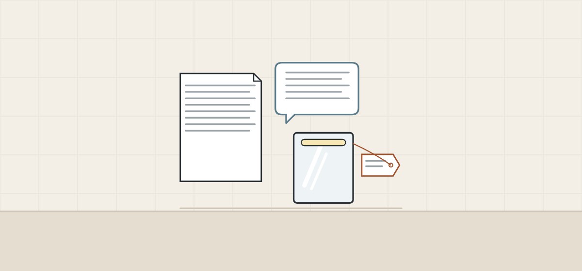 Illustration of a request document, a message bubble and a lighted mirror with a tag