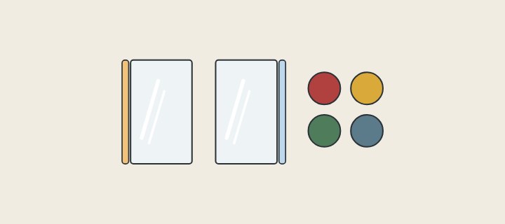 Illustration: two mirrors, one with a warm light strip and one with a cool light strip, beside four colour samples