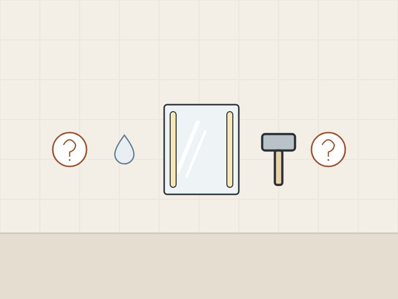 Illustration of a lighted mirror with a water drop and a hammer between two question marks