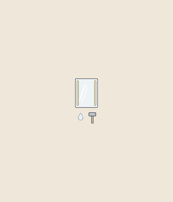 Illustration of a lighted mirror above a water drop and a small hammer
