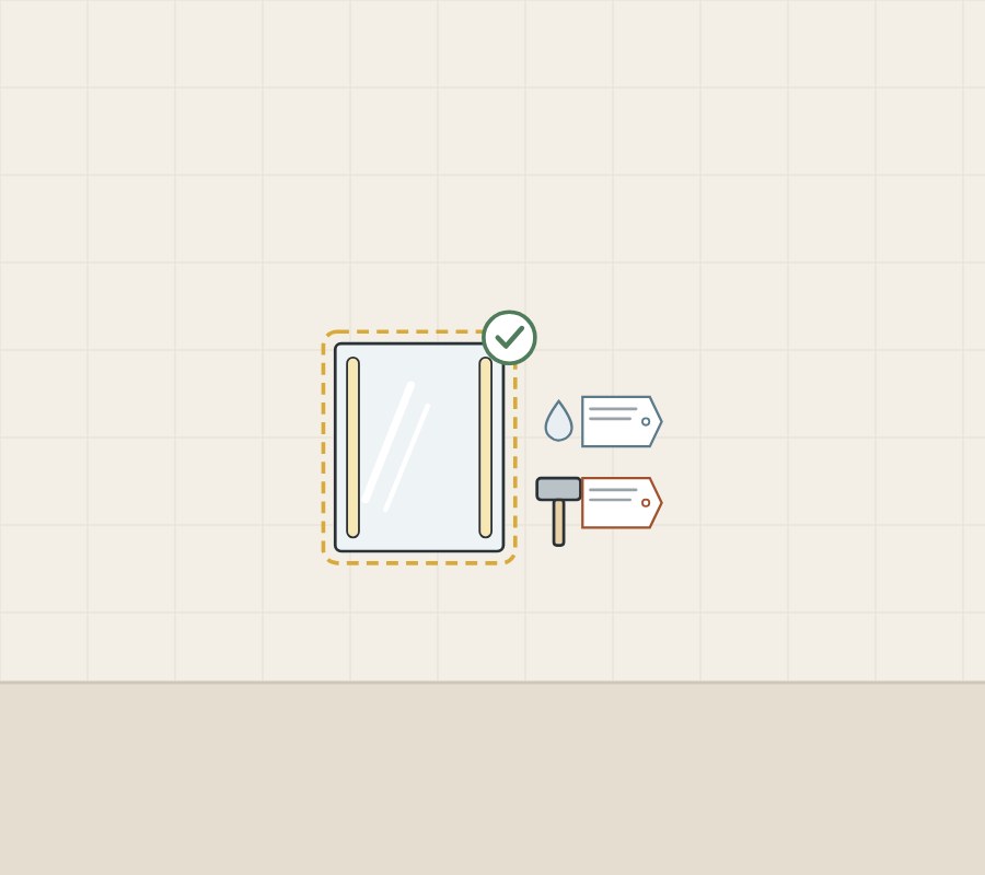 Illustration of an outlined lighted mirror with a tick beside two separate tags, one with a water drop and one with a hammer