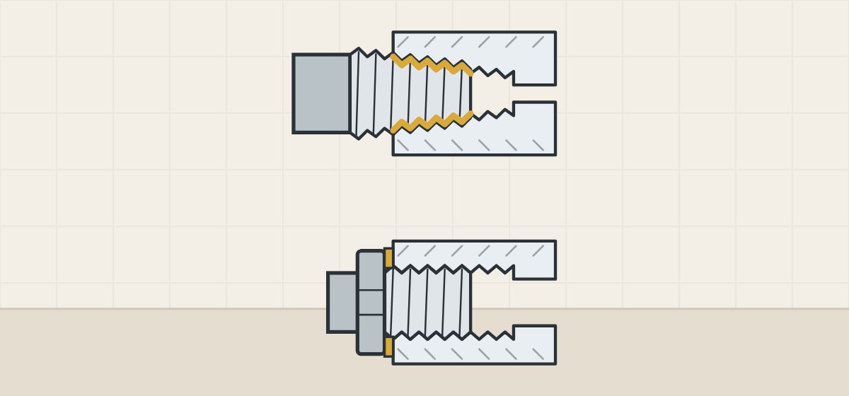 Illustration of a tapered thread joint with the seal marked along the threads above a parallel thread joint with a gasket marked at the face