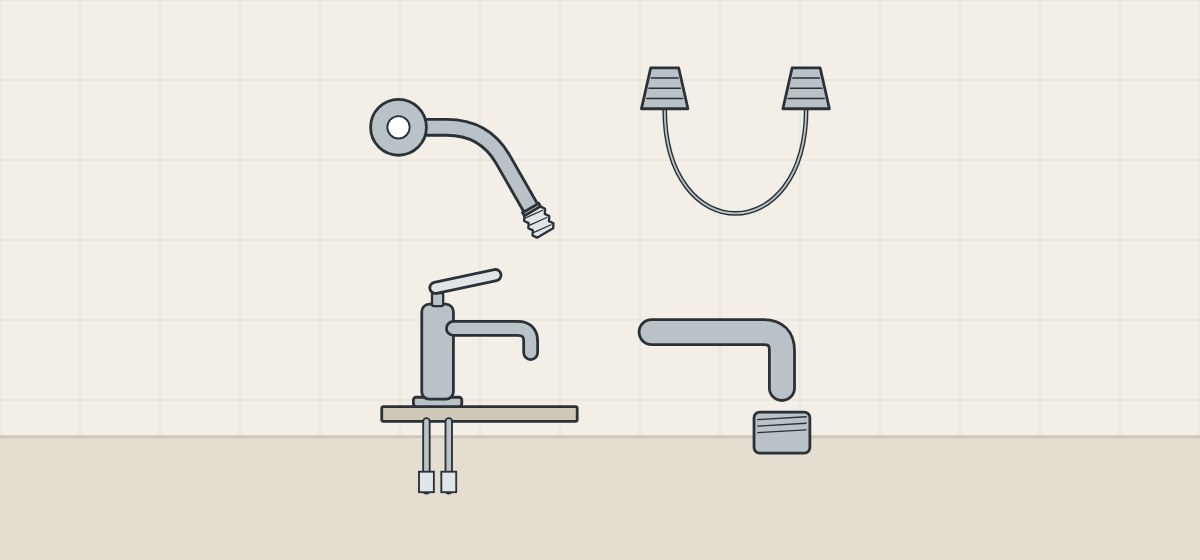 Illustration of a shower arm, a shower hose with a conical nut at each end, a basin faucet with supply tails and a spout with an aerator housing