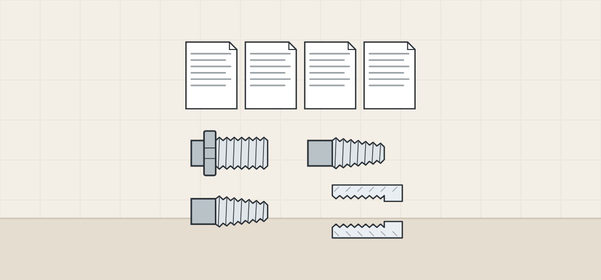 Illustration of four standard documents above one parallel and two tapered male threads and a female thread in section