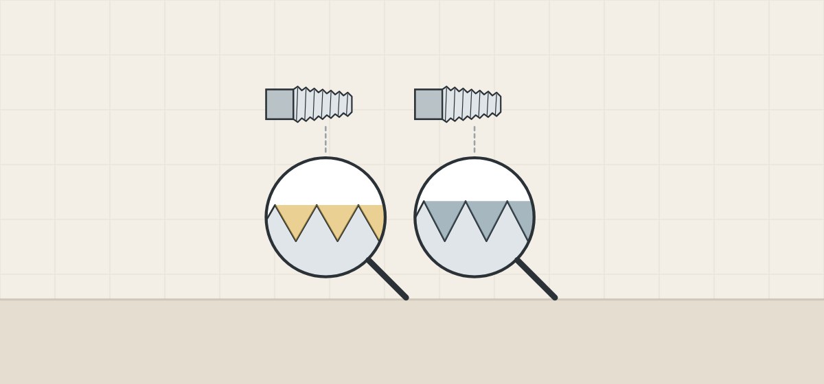 Illustration of two similar tapered threaded ends, each above a magnifier showing thread teeth with a slightly different angle