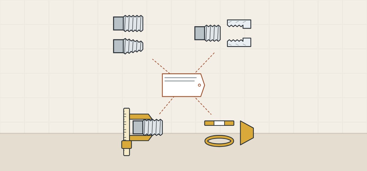 Illustration of a blank size tag linked to parallel and tapered threads, male and female ends, a caliper on a thread and three kinds of seal