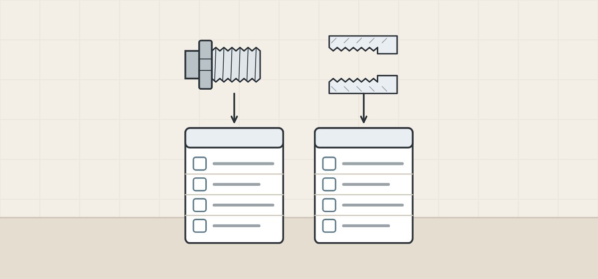 Illustration of a male and a female threaded end, each with an arrow to its own four-line record card