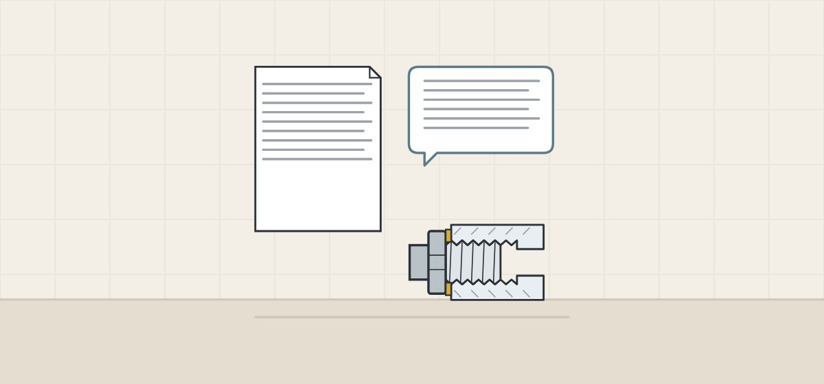 Illustration of a document, a message bubble and a male thread joined to a female thread with a gasket