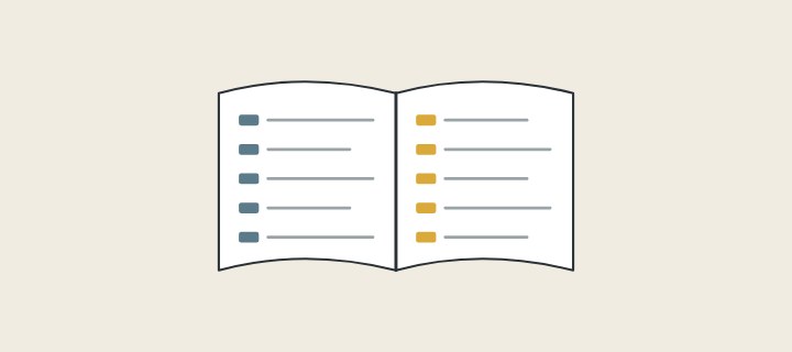 Illustration: an open reference book with rows of short terms and longer definitions