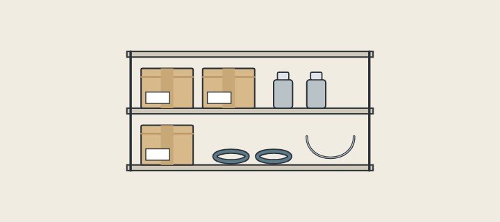 Illustration: a storage shelf holding cartons, two cartridges, two seal rings and a hose