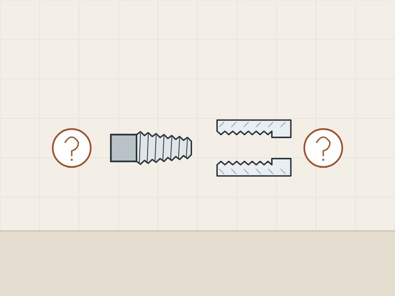 Illustration of a tapered male thread and a female thread in section between two question marks