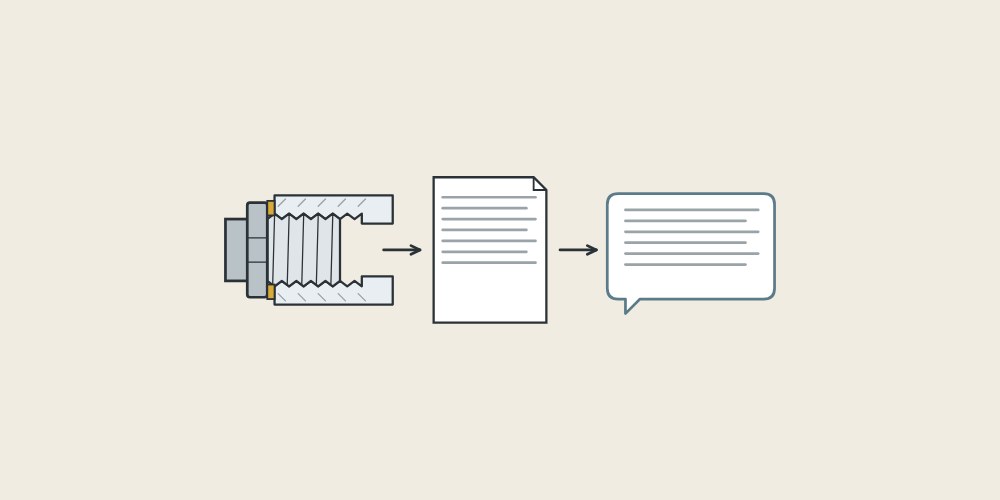 Illustration of a male thread joined to a female thread, a document and a message bubble linked by arrows