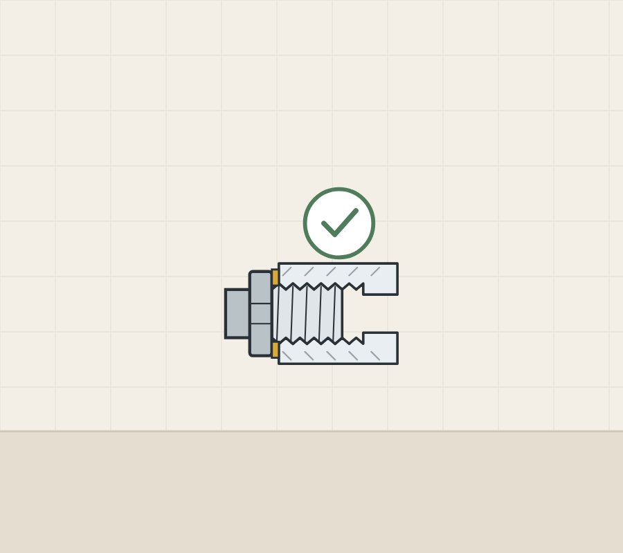 Illustration of a male thread joined to a female thread with a gasket at the face, with a tick