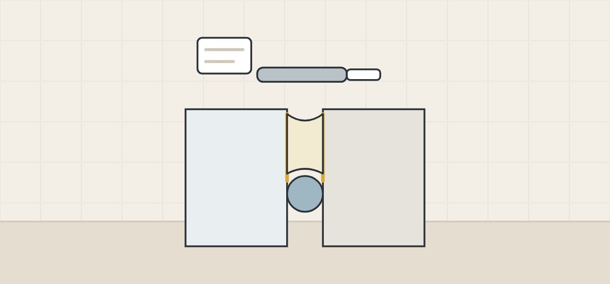 Illustration of a sealed gap joint in section with primer on both flanks, a backer rod, an hourglass sealant bead, a tooling spatula and a cleaning cloth