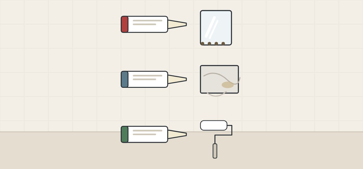 Illustration of three sealant cartridges beside a spotted mirror edge, a stained stone slab and a paint roller
