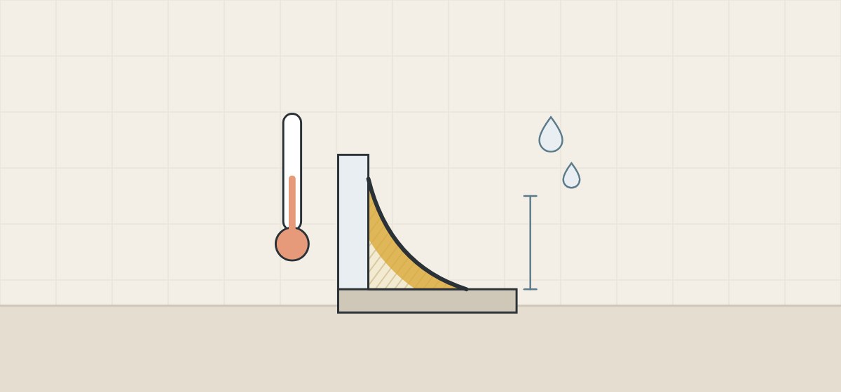 Illustration of a sealant joint with a thermometer, humidity droplets and a bead-depth dimension