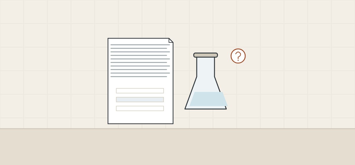 Illustration of a data sheet beside a laboratory flask and a question mark