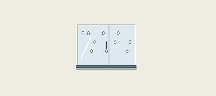 Illustration: a glass shower enclosure with water drops on the glass and a seal along the base