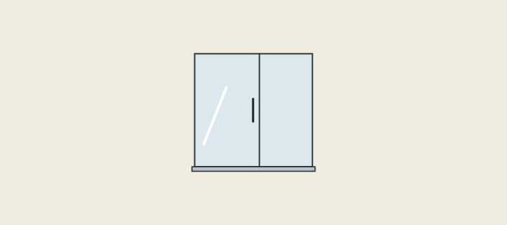Illustration: a glass shower enclosure with a fixed panel and a door