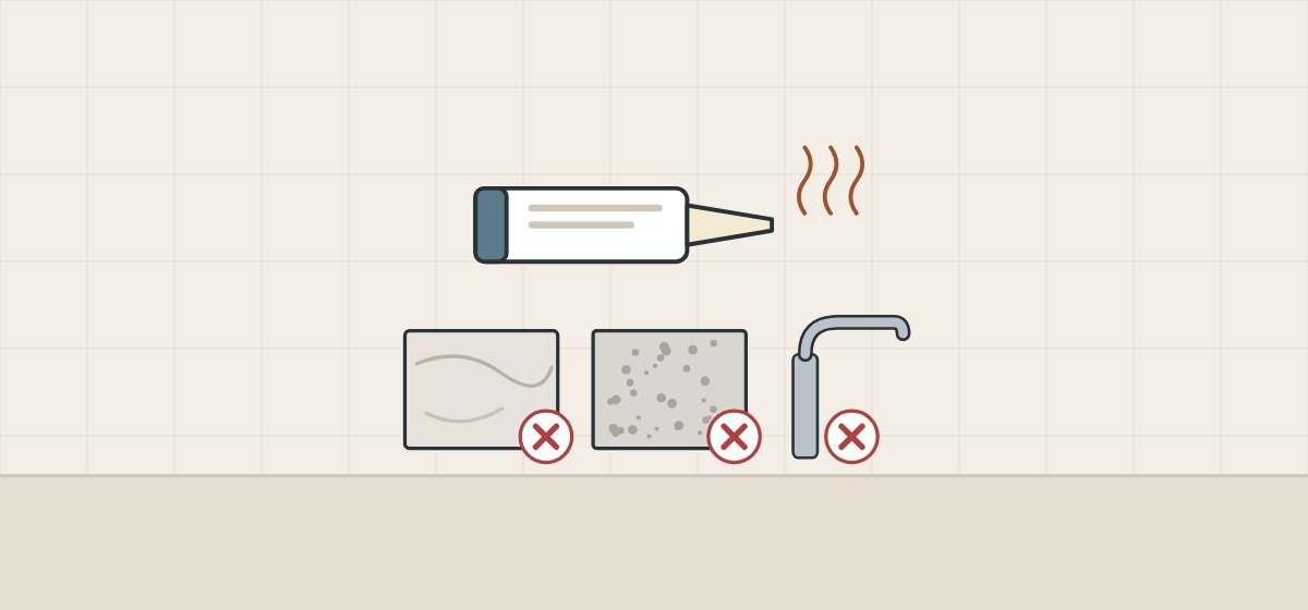 Illustration of a sealant cartridge giving off vapour above a stone slab, a concrete block and a metal faucet, each marked with a cross