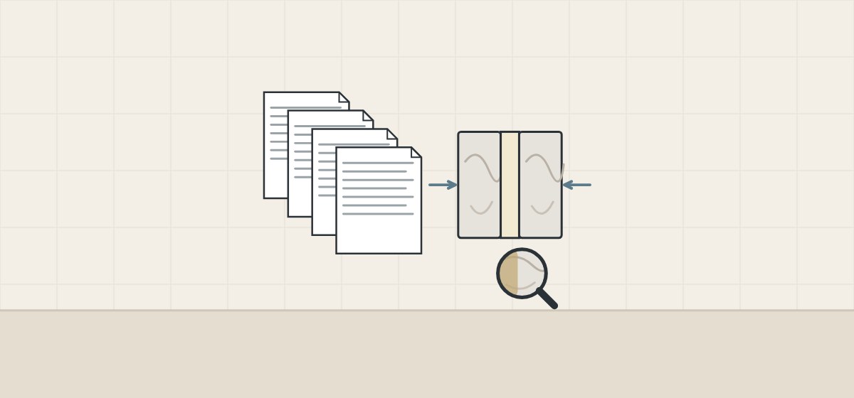 Illustration of four stacked standard documents beside a sealant strip pressed between two stone blocks under a magnifier