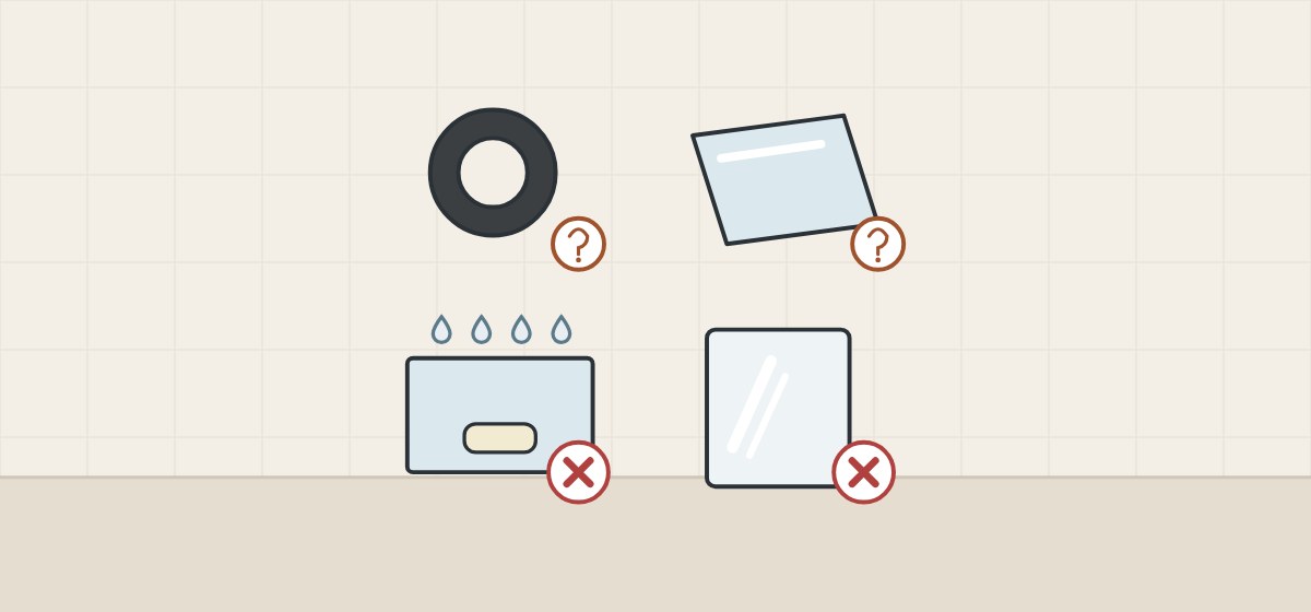 Illustration of a rubber gasket and a plastic sheet each with a question mark, and a bead kept under water and a mirror each with a cross