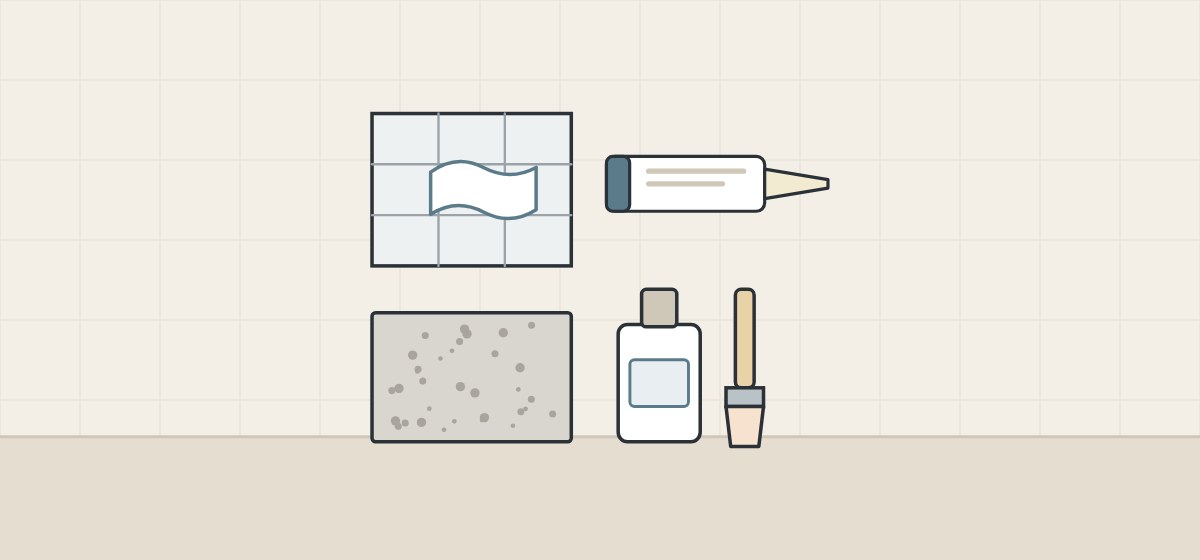 Illustration of a cloth on a tiled surface and a primer bottle and brush beside a porous block, with a sealant cartridge