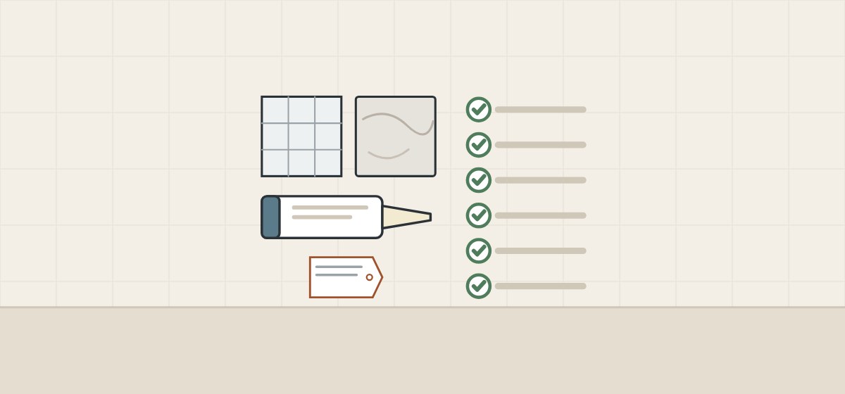 Illustration of a tiled swatch, a stone swatch and a tagged sealant cartridge beside a ticked checklist