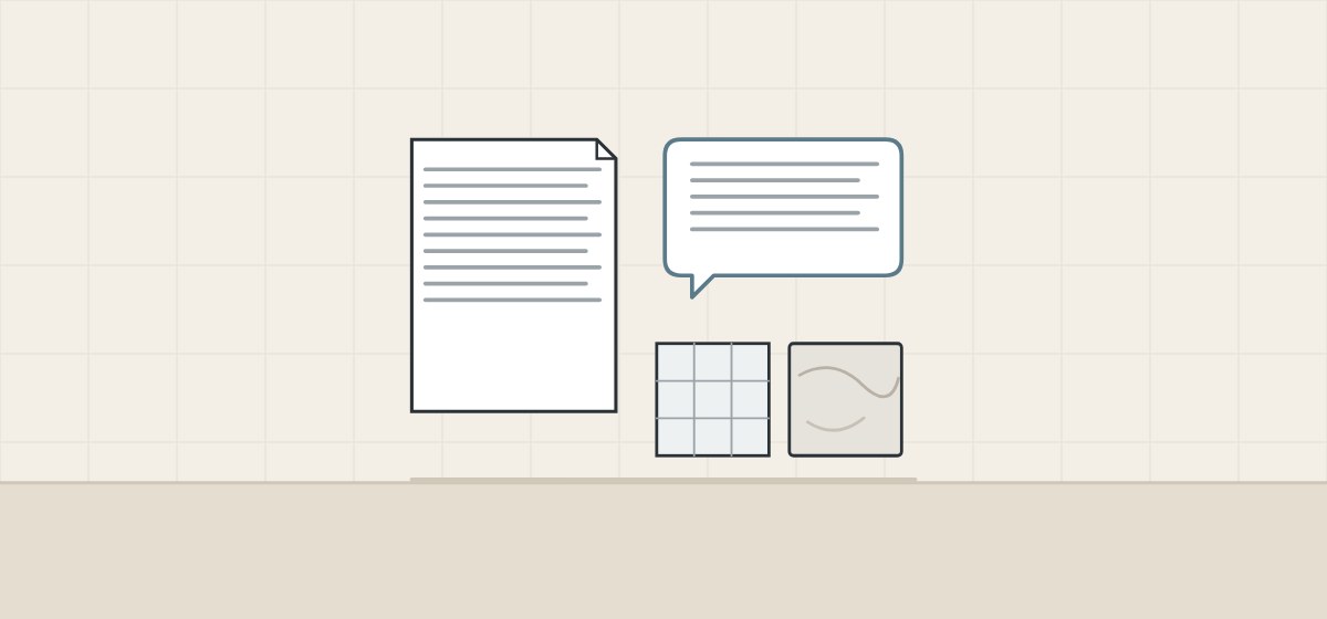 Illustration of a document, a message bubble, and a tiled swatch beside a stone swatch