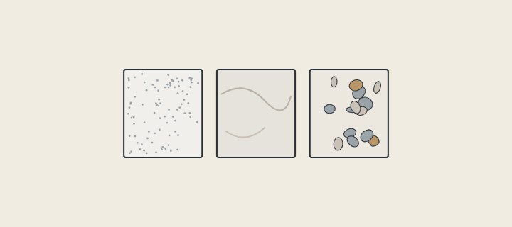 Illustration: three vanity-top samples, one finely speckled, one veined and one with large chips