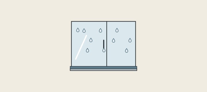Illustration: a glass shower enclosure with water drops on the glass and a seal along the base