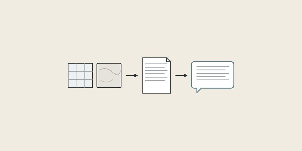 Illustration of a tiled swatch and a stone swatch, a document and a message bubble linked by arrows