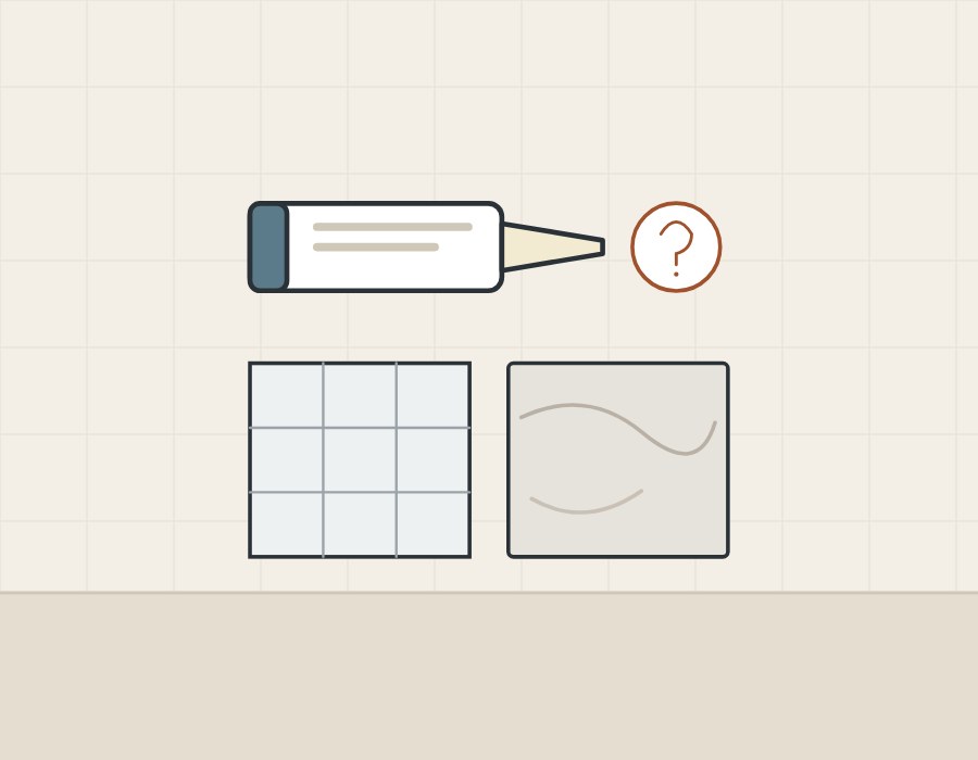 Illustration of a sealant cartridge with a question mark above a tiled surface and a stone surface