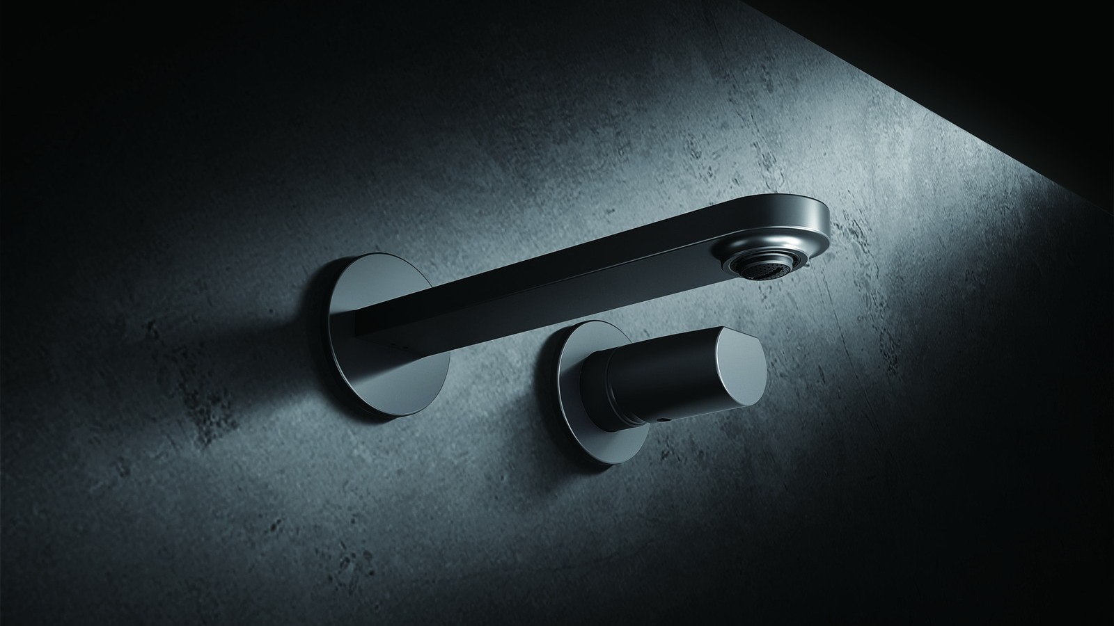 A wall-mounted faucet spout and handle shown separately