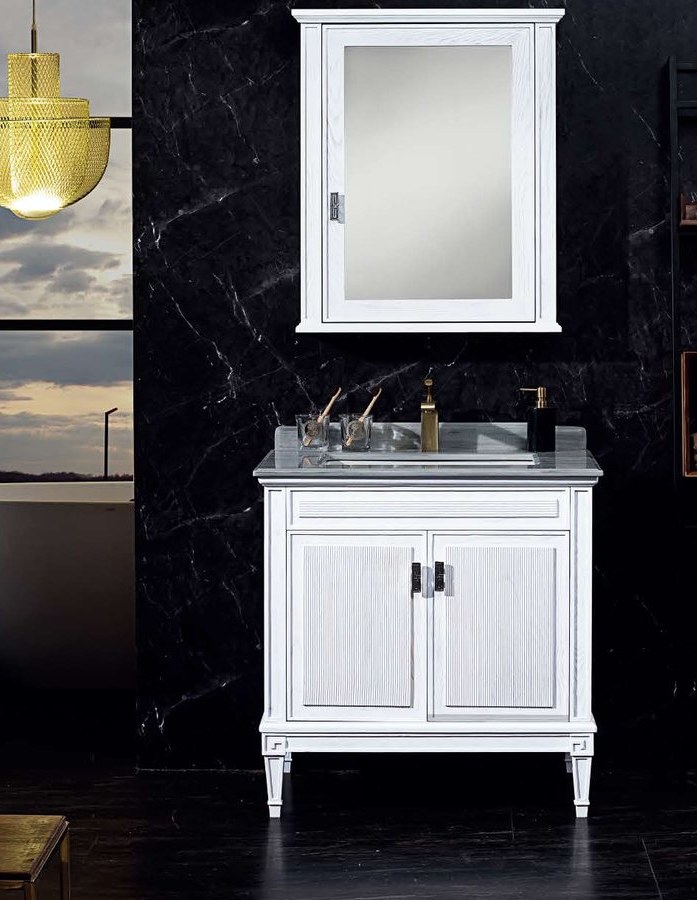 A floor-standing vanity in an apartment bathroom
