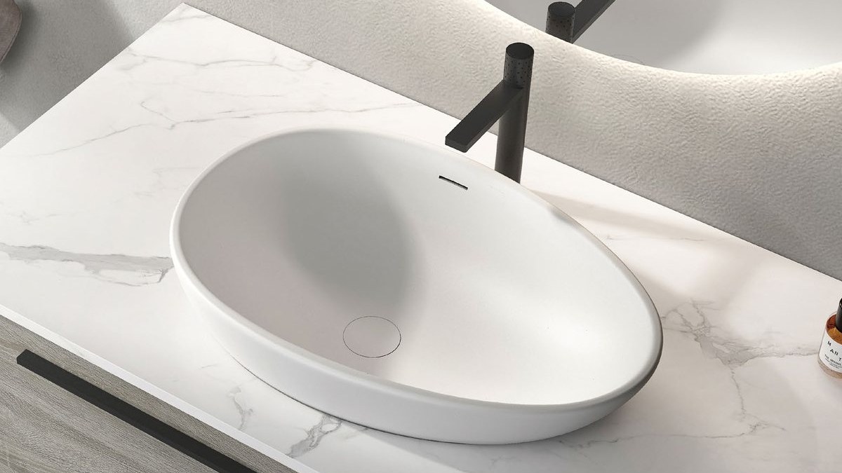 An integrated basin vanity in a residential bathroom