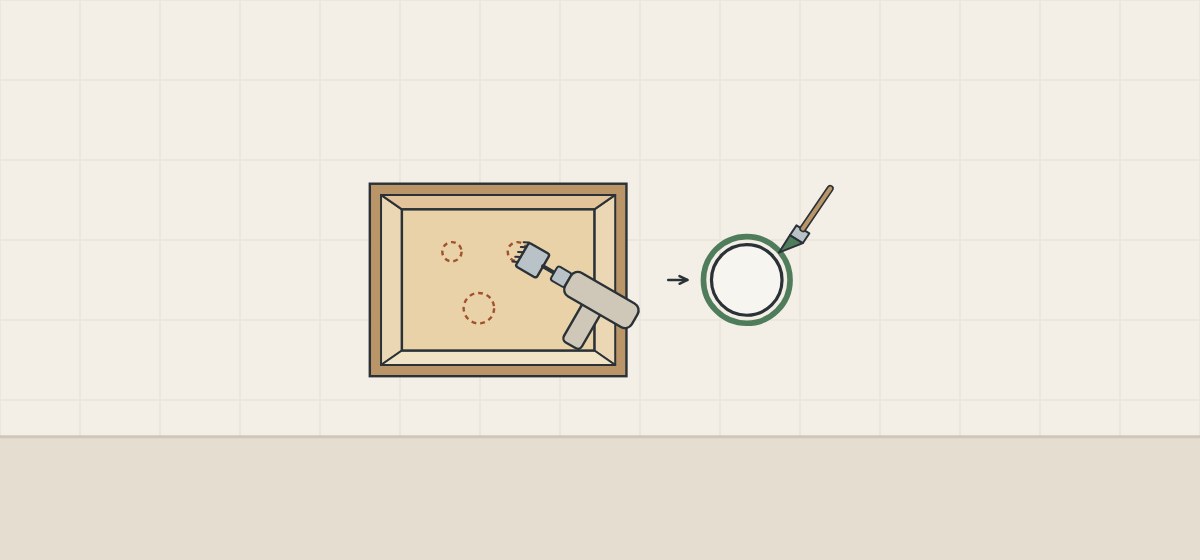 Illustration of an open cabinet seen from the front with a hole saw reaching inside onto one of three marked circles on its back panel, and a cut hole ringed with sealer beside a brush