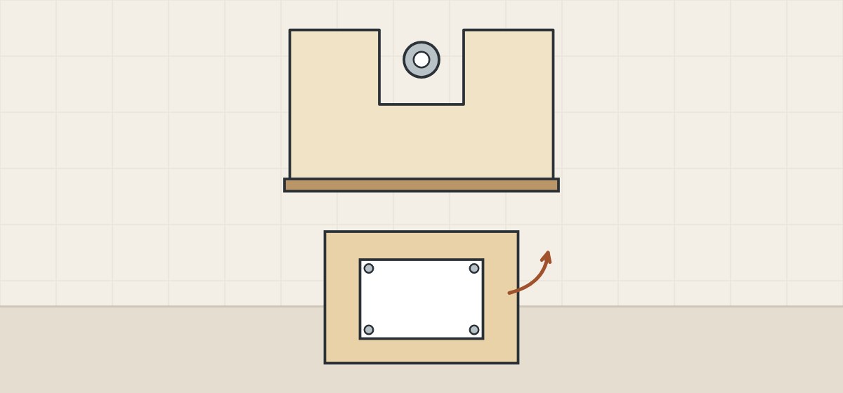 Illustration of a U-shaped drawer seen from above around a pipe and a cabinet back with a removable screwed panel