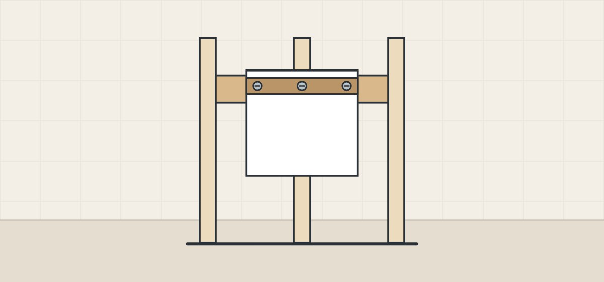Illustration of wall studs with horizontal blocking and a cabinet back fixed through its rail with three fasteners